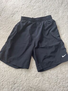 Nike Boys L Dri-fit Black Athletic Training Shorts with White Swoosh
